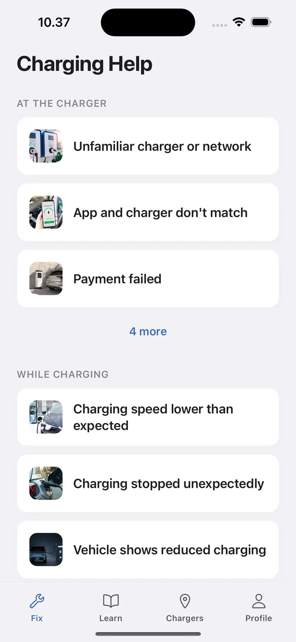 EVcourse app showing step-by-step visual charging guides